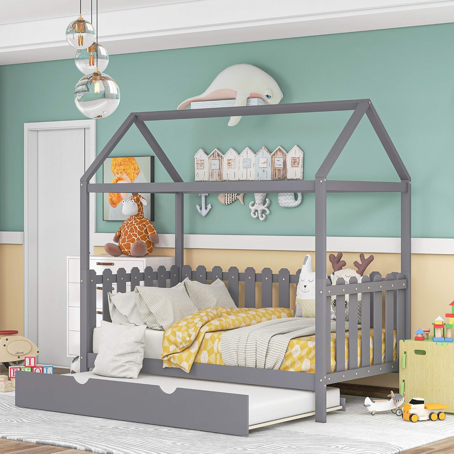 White Twin Wooden Bed Frame with Roof B2039