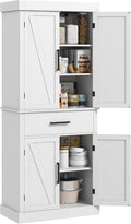 White 72" Tall Kitchen Pantry Storage Cabinet with 4 Barn Doors, Drawer, 5-Tier Shelf and Adjustable Shelves O87990