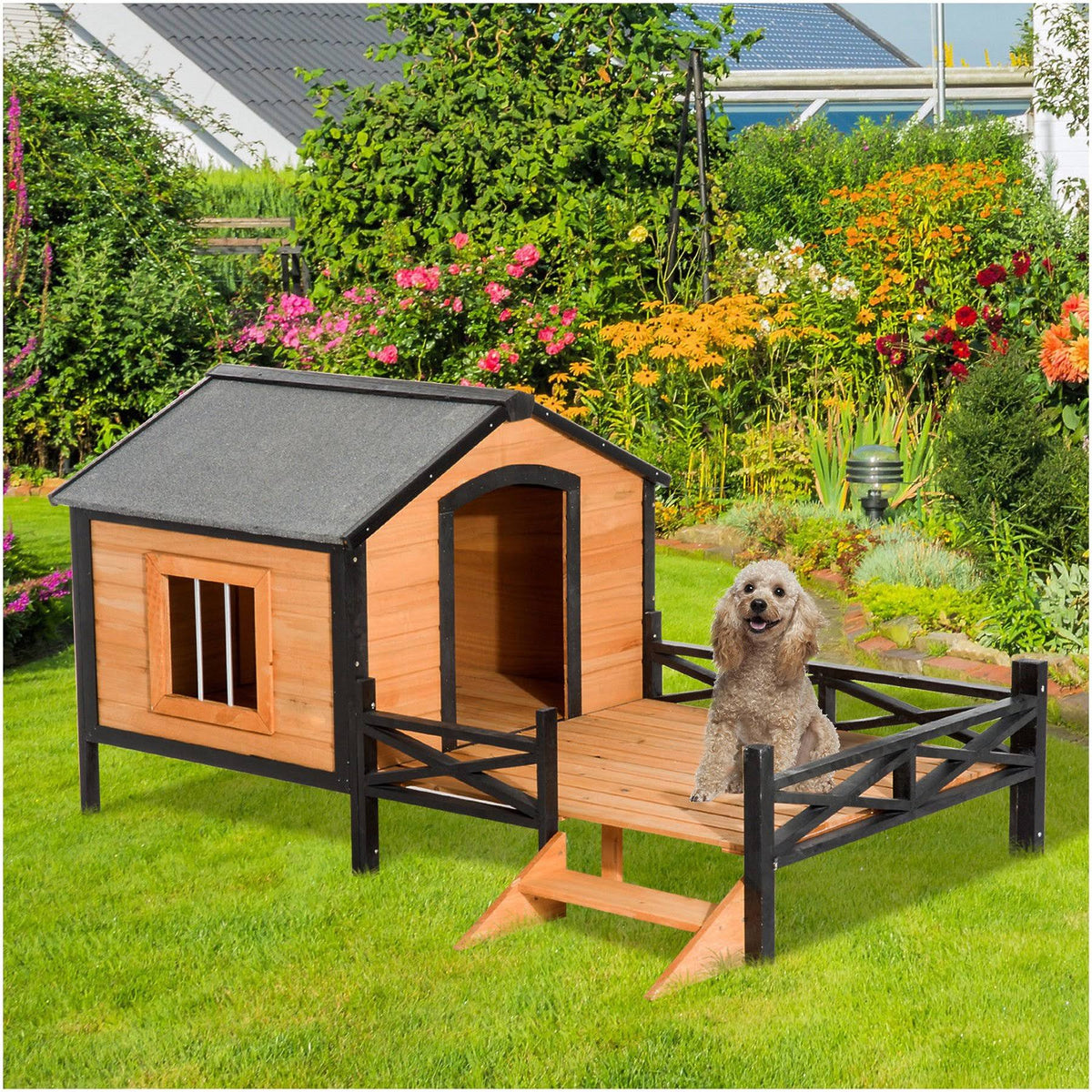 Covered Elevated Dog House with Porch D76952