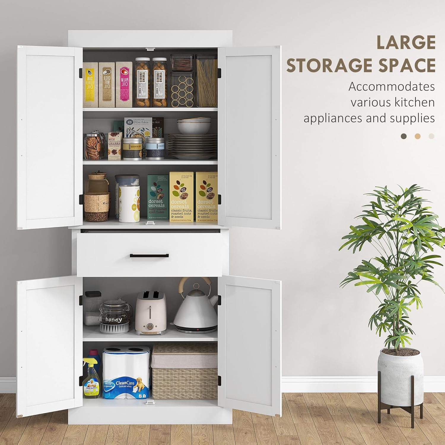White 72" Tall Kitchen Pantry Storage Cabinet with 4 Barn Doors, Drawer, 5-Tier Shelf and Adjustable Shelves O87990