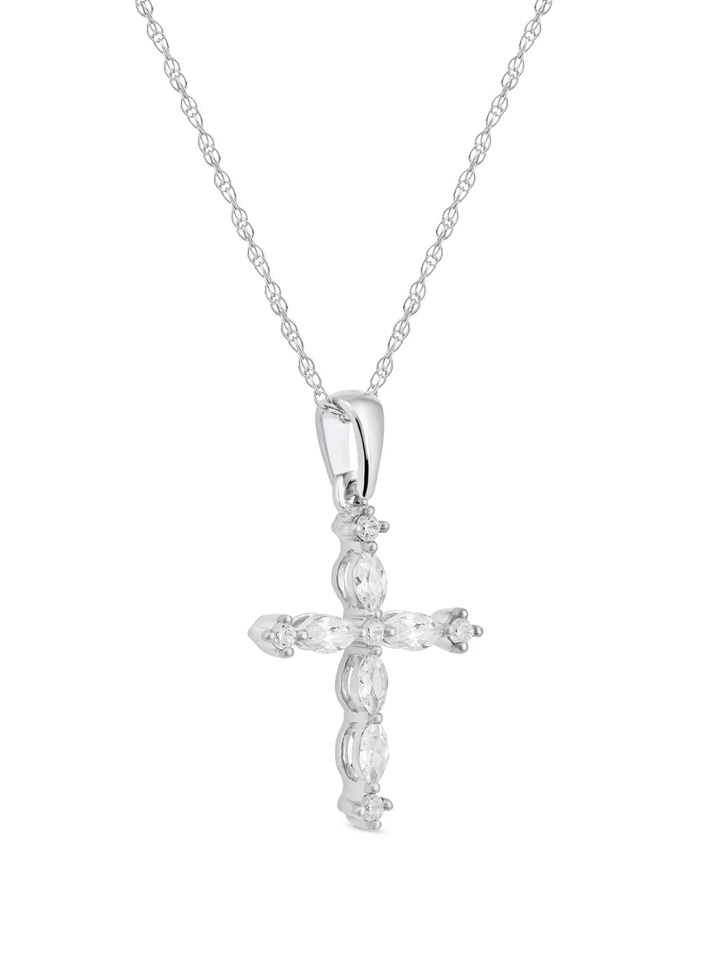 10K White Gold Marquise and Round Diamond Cross Pendant Necklace T4074