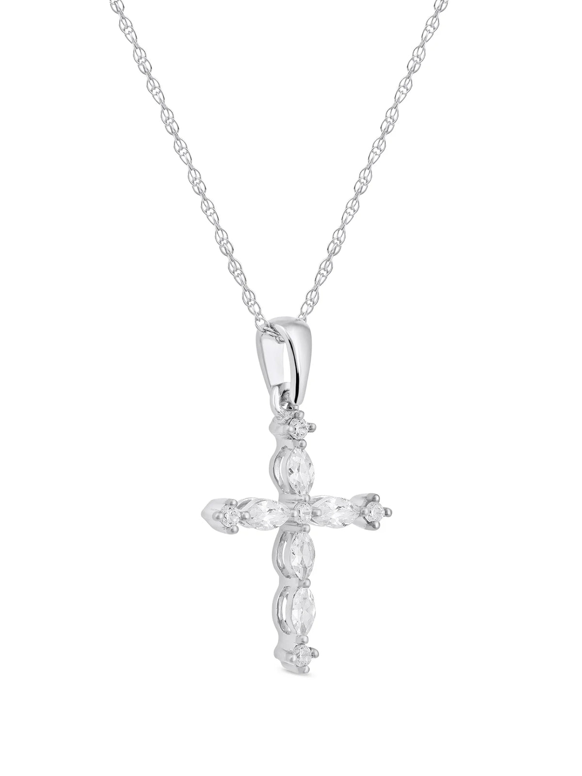 10K White Gold Marquise and Round Diamond Cross Pendant Necklace T4074