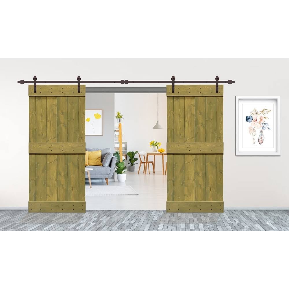 Jungle Green Stained Solid Pine Wood Interior Double Sliding Barn Door with Hardware Kit G7575