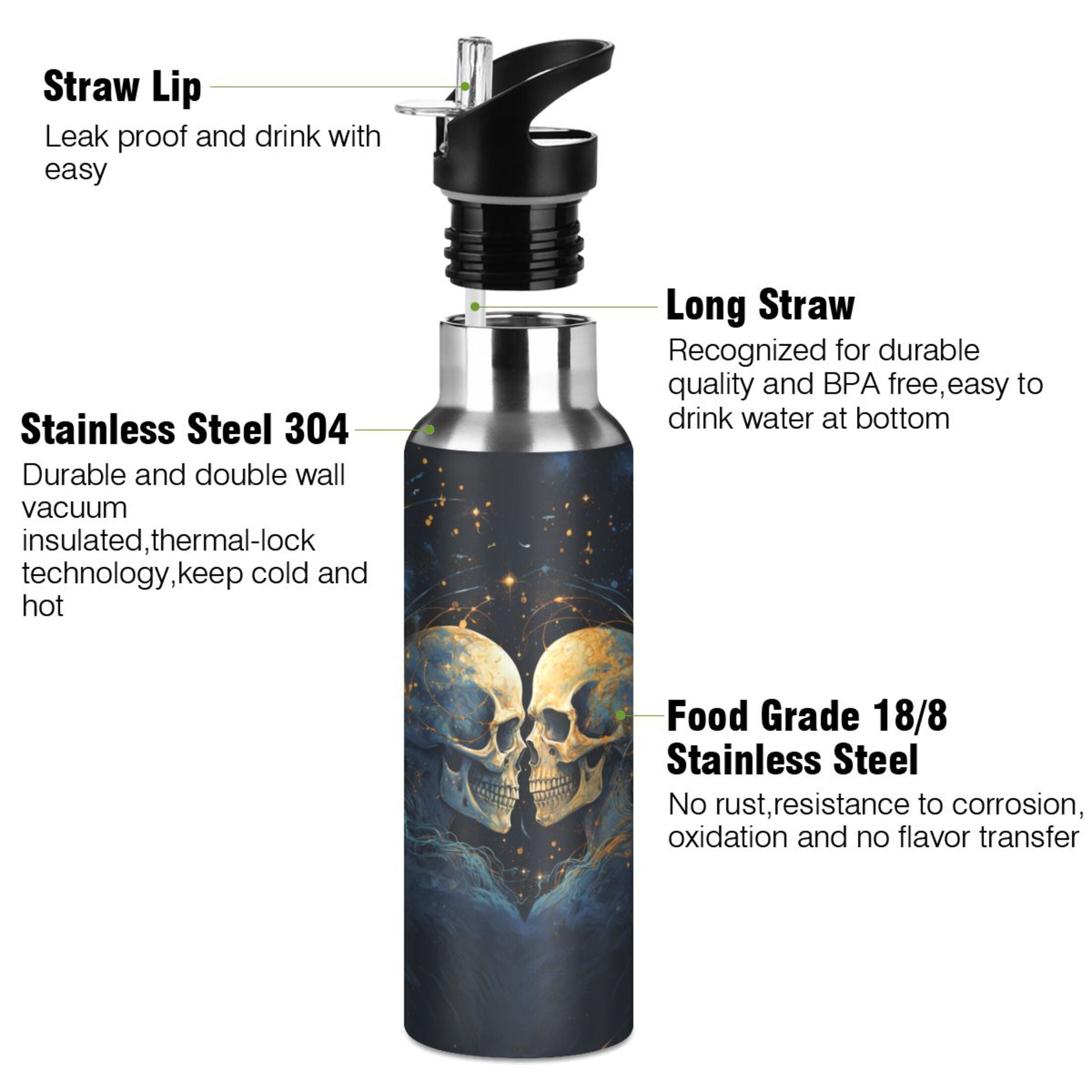 Two Human Skeleton Stainless Steel Water Bottles with Straw Lid 20 oz K55193