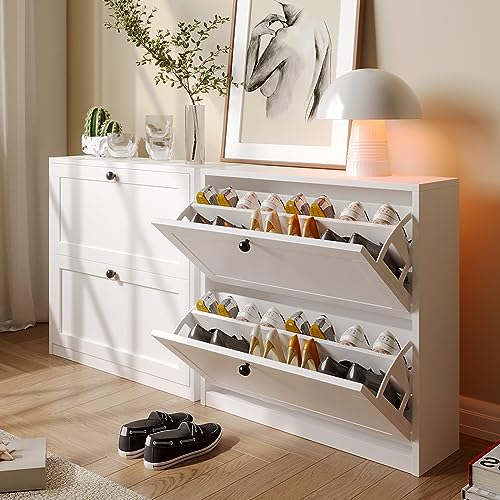 White Shoe Cabinet with 2 Flip Drawers and Adjustable Shelf B194