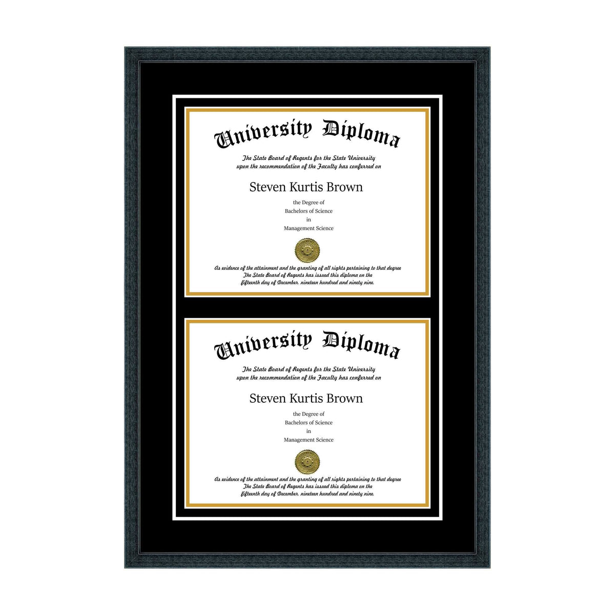 Double Diploma Frame with Double Matting for 9x22 x 7x22 Tall Diploma with Black Frame I10400