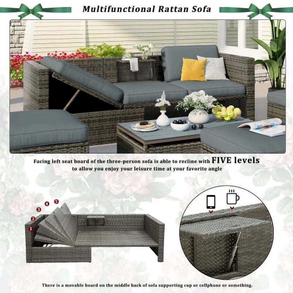 5-Piece Patio Wicker Sofa with Ottomans and Lift Top Coffee Table, Gray M9294