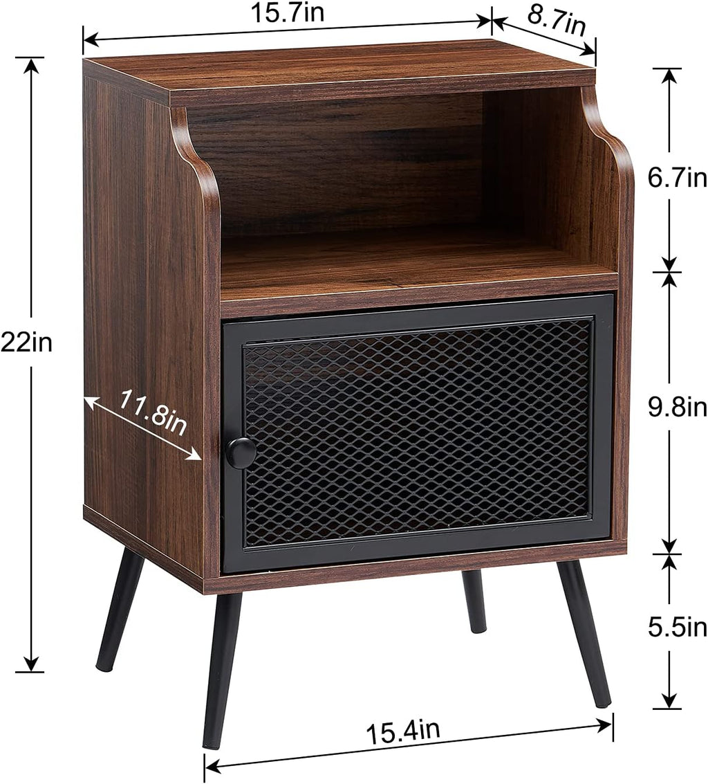 Brown Metal Nightstand with Storage Cabinet and Drawer Shelf P159