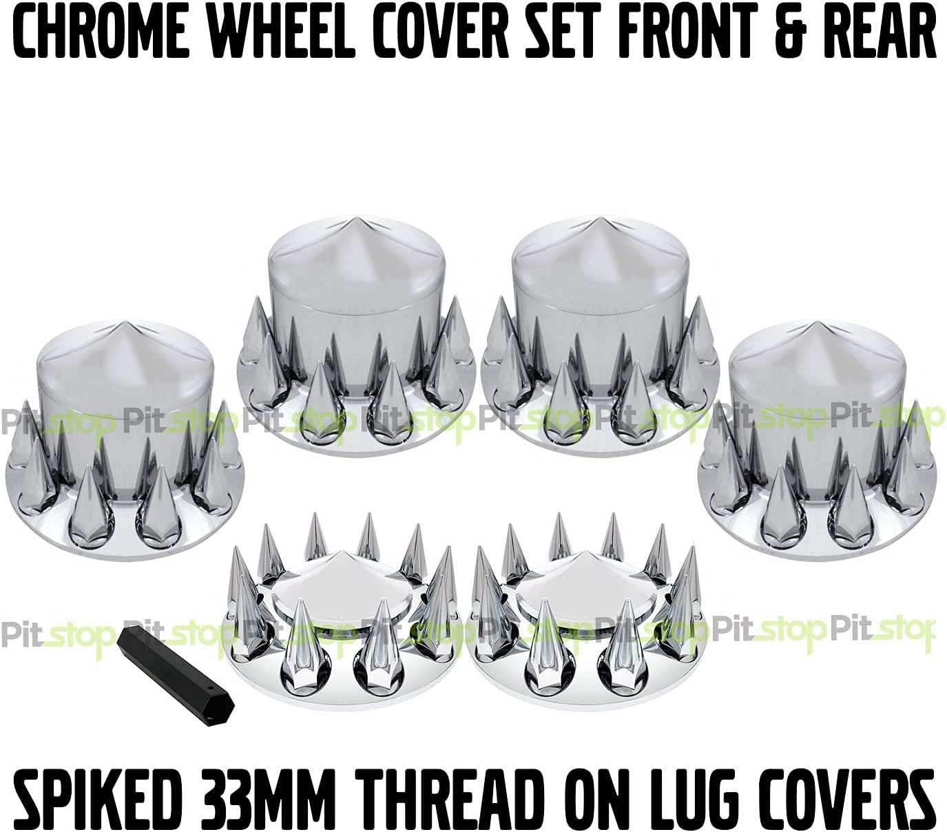 Chrome Wheel Cover Set 2X Front 4X Rear 60x Spiked Lug Nut Covers 33MM Tool Included Semi Truck N871522