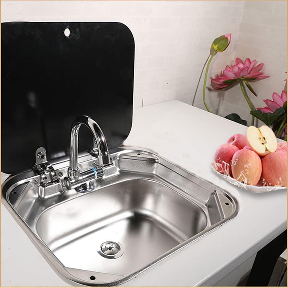 Stainless Steel RV Sink with Folded Faucet Tempered Glass Lid Y168