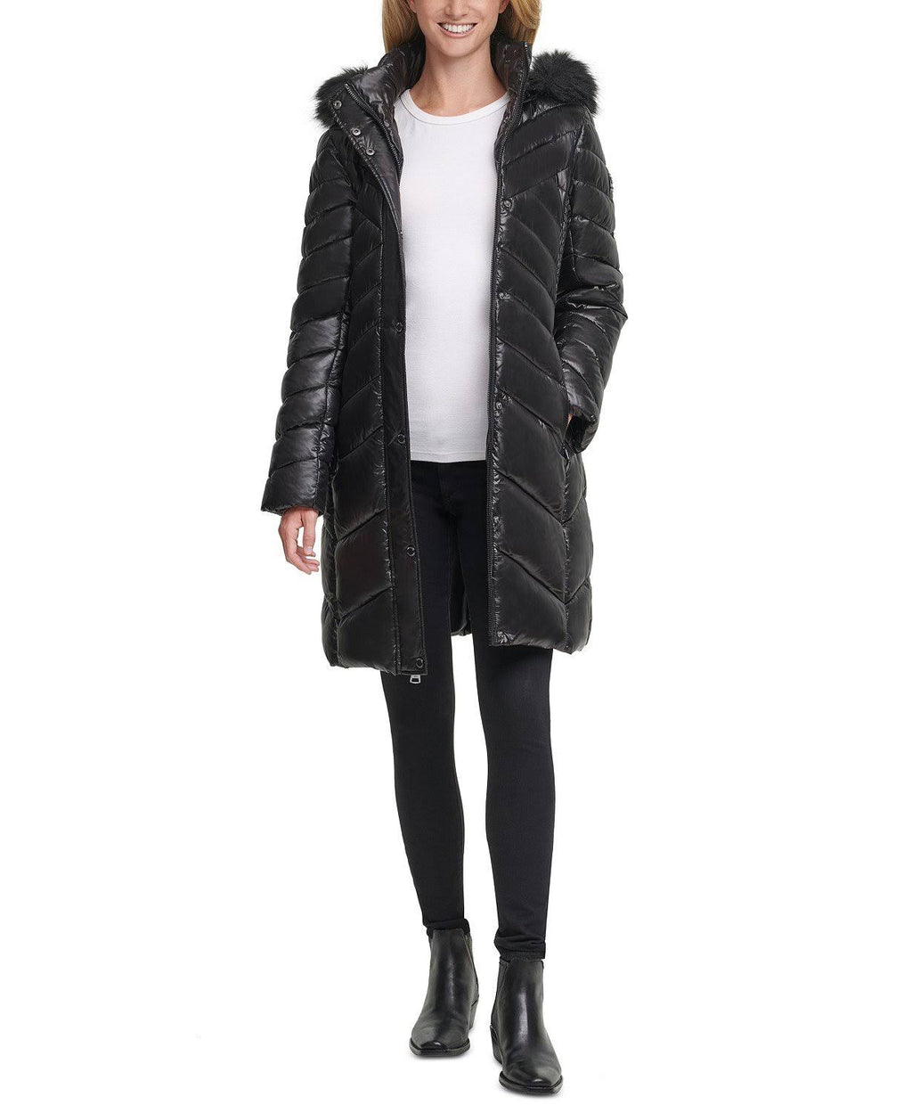 Black Petite Faux-Fur-Trim Down Hooded Puffer Coat C792969