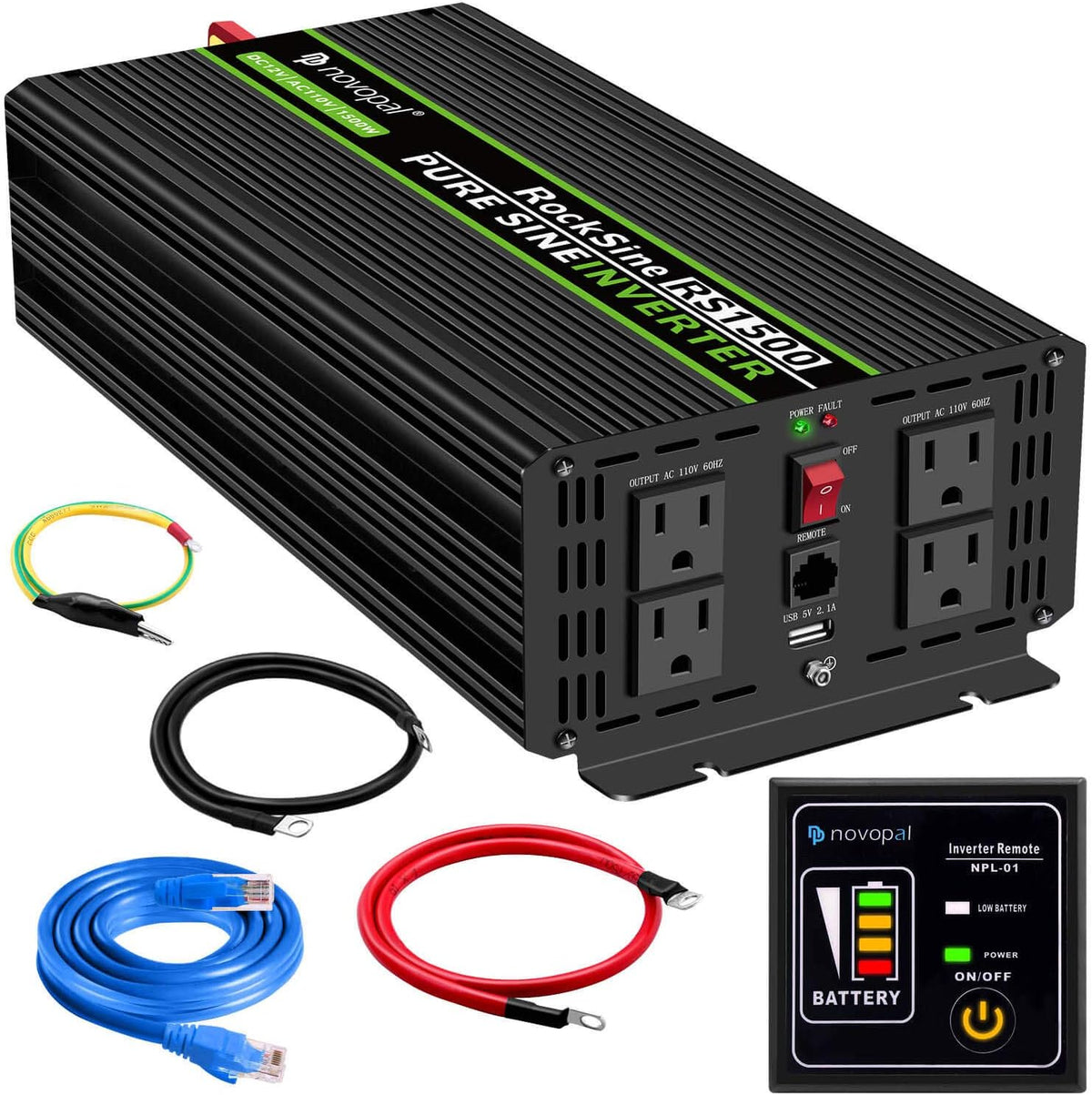 1500 Watt 12V DC to 110V AC Pure Sine Wave Power Inverter with 4 AC Outlets and Remote Control H7877