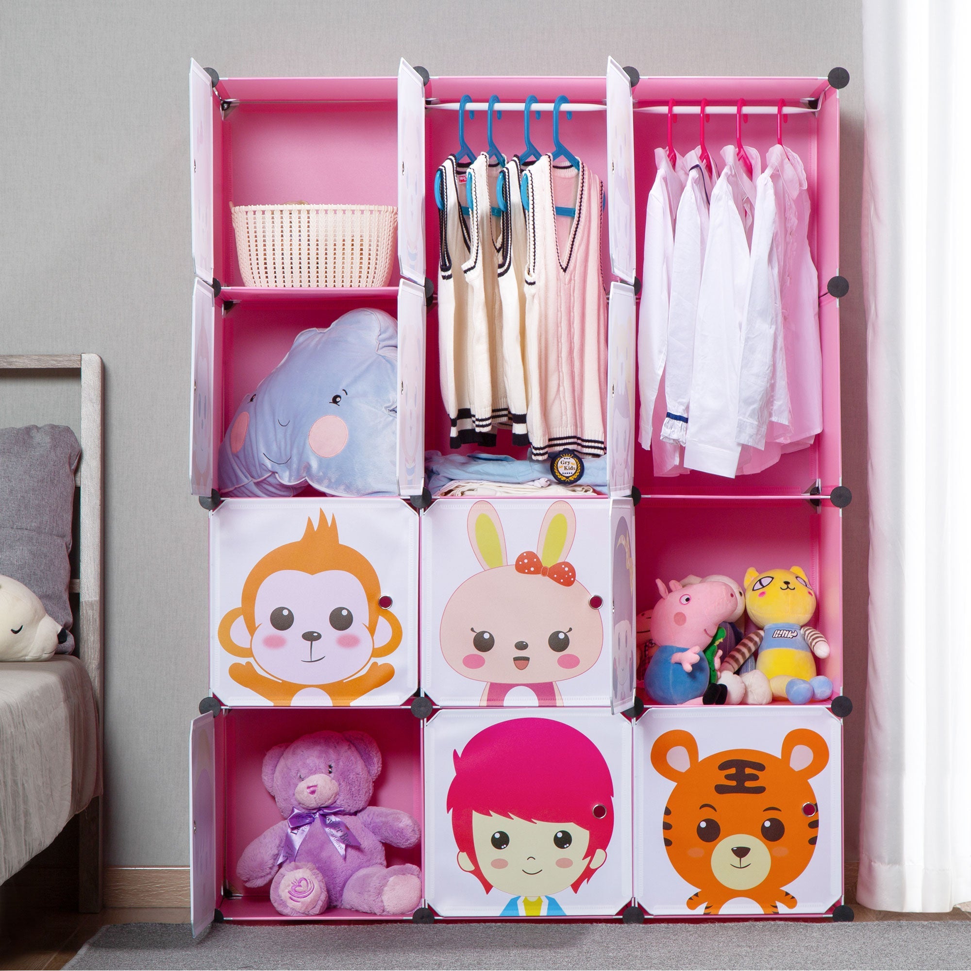Pink Children's Portable Clothes Closet Rack with Storage Cubes Q835024