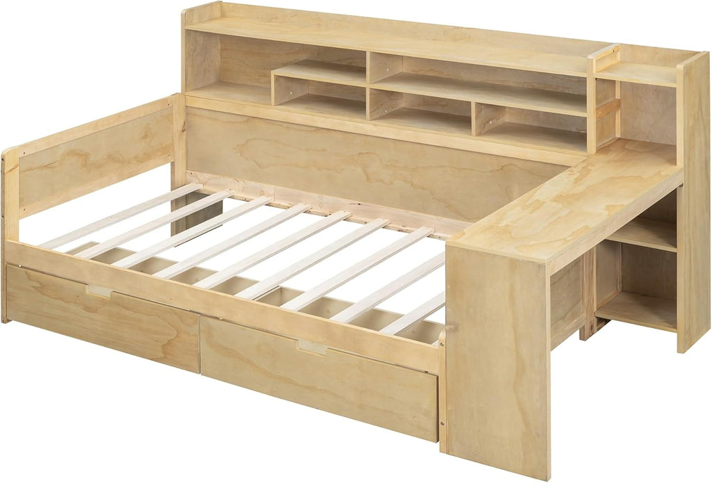 Twin Size Wooden Daybed with Storage Bookshelf, Study Desk and 2 Drawers P8481