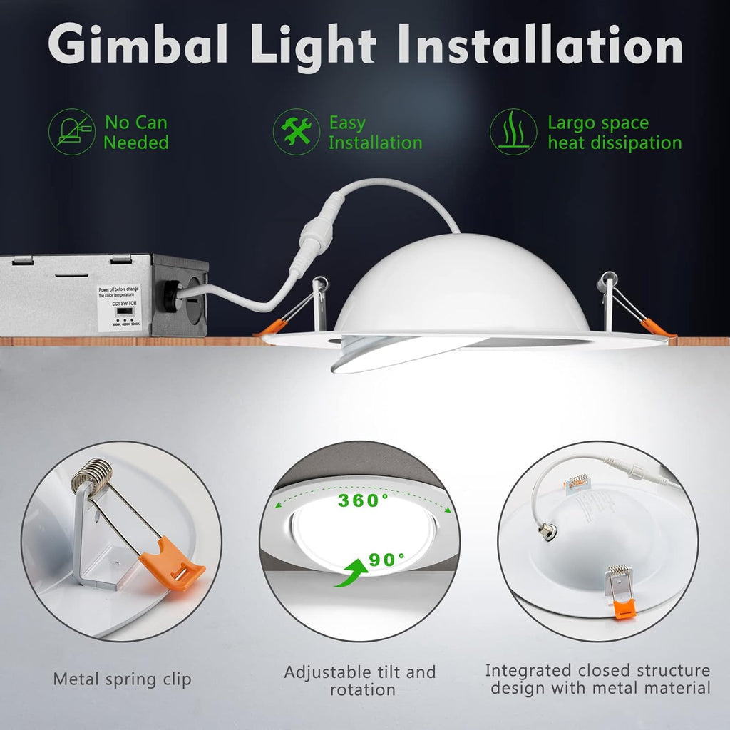 12 Pack 5/6 Inch Gimbal LED Recessed Light, Dimmable, 3000K/4000K/5000K, 12W=110W 1200LM, IC Rated V671