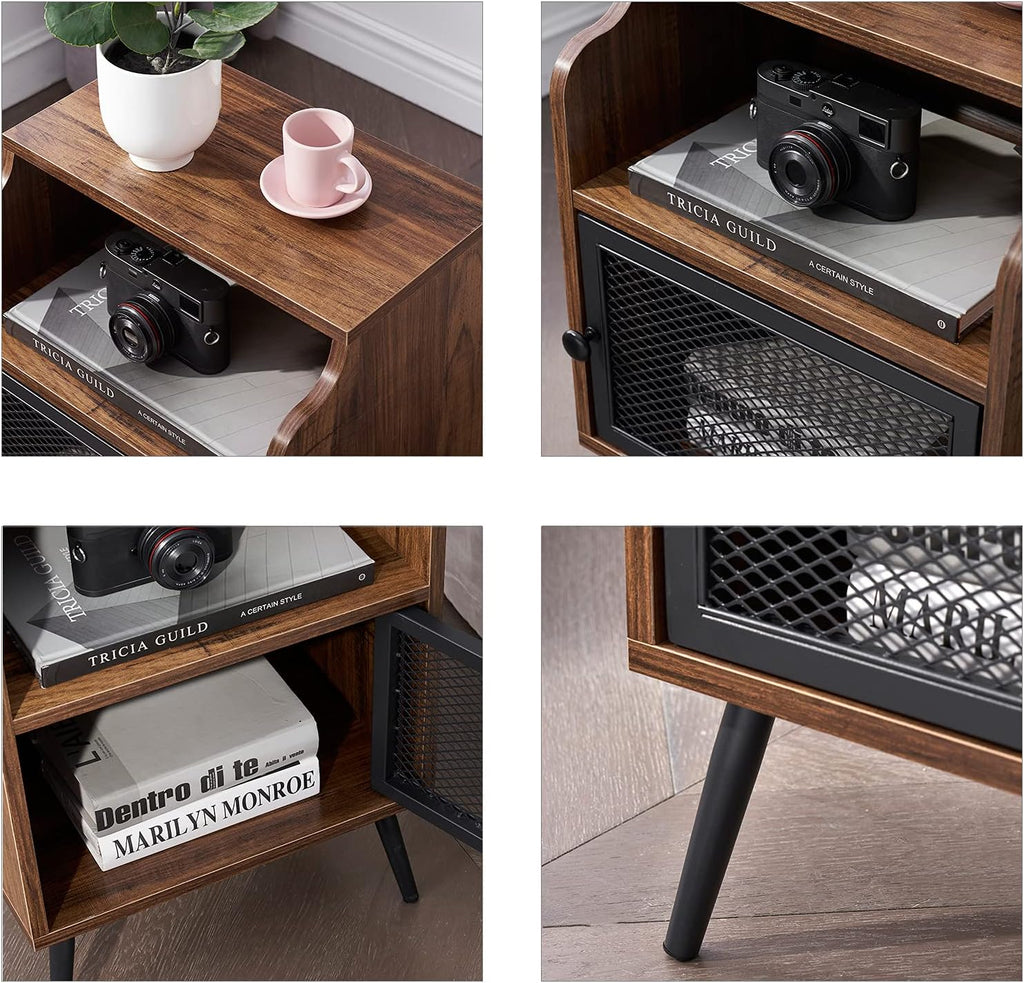 Brown Metal Nightstand with Storage Cabinet and Drawer Shelf P159