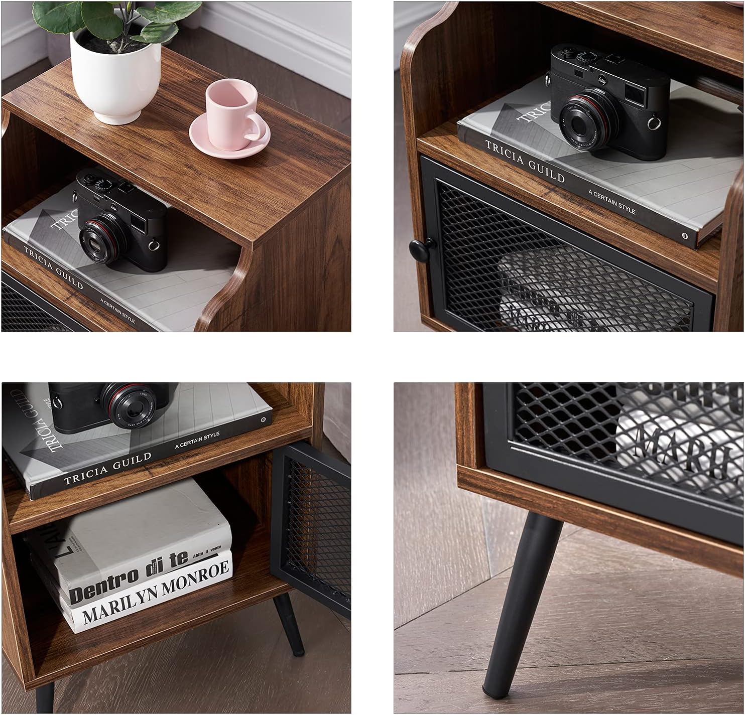 Brown Metal Nightstand with Storage Cabinet and Drawer Shelf P159