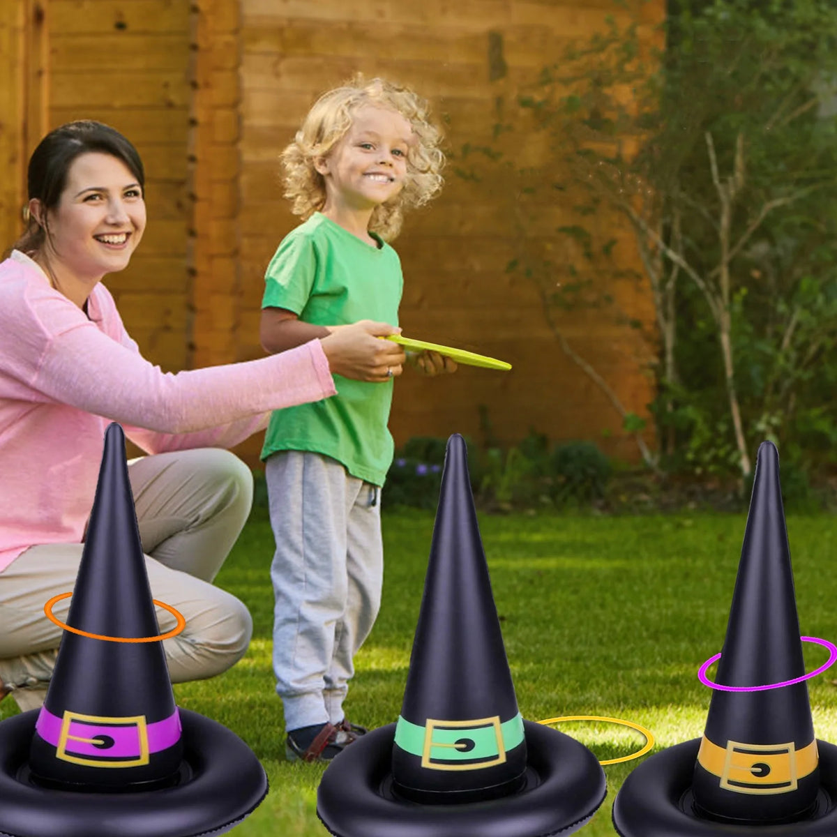11 Pack Halloween Inflatable Witch Hat Ring Toss Game Set with Plastic Ring Toss and Inflatable Witch Hats D7241
