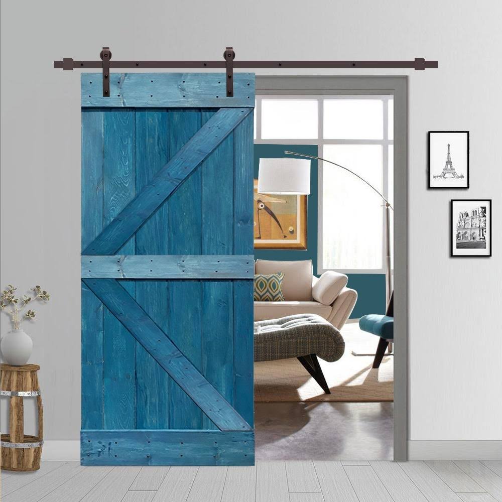 Ocean Blue Stained Wood Sliding Barn Door with Hardware Kit T463