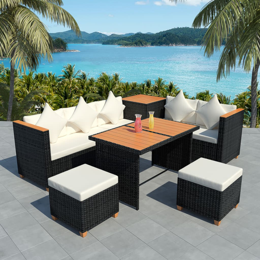 7 Piece White Cushioned Poly Rattan Outdoor Furniture Set X341411