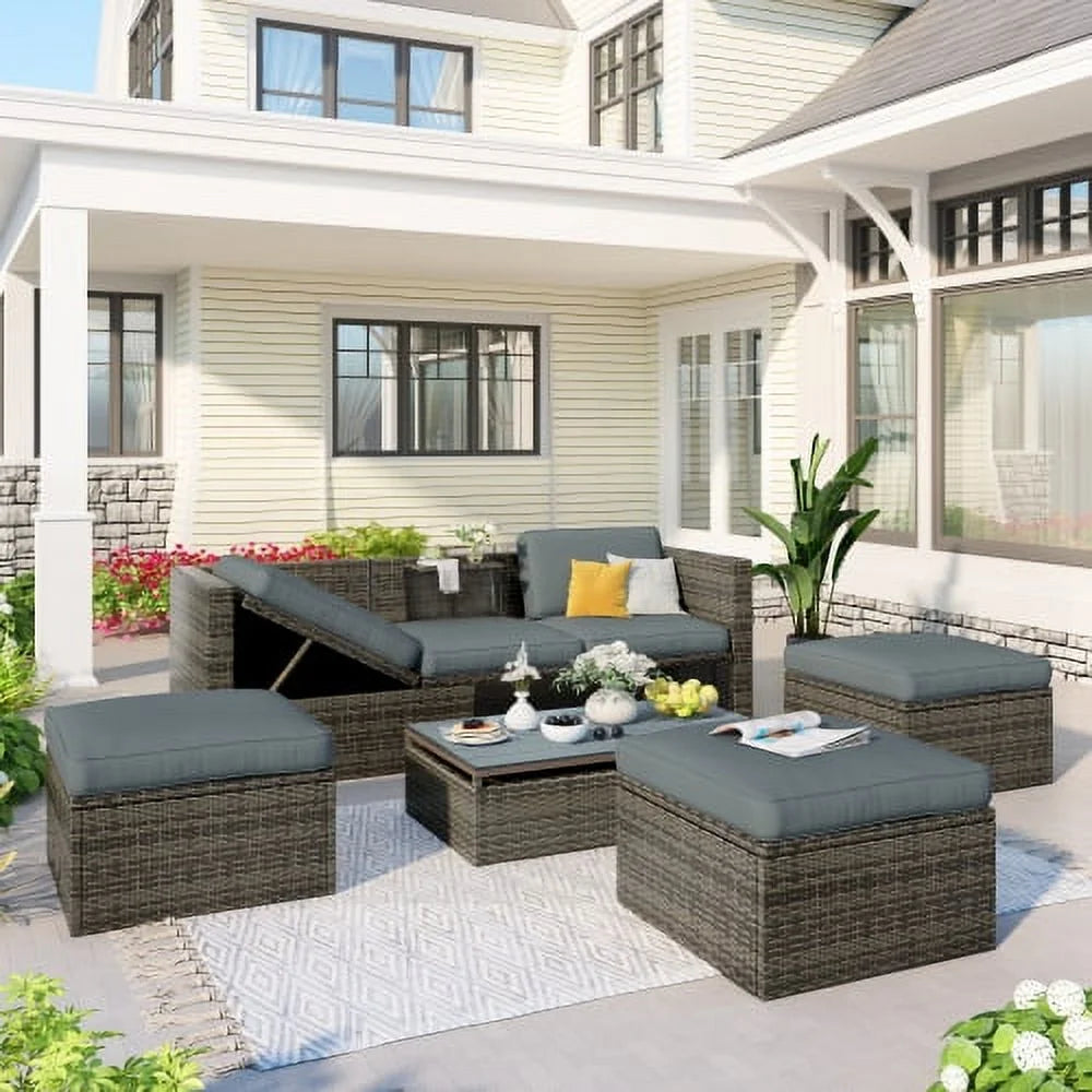 5-Piece Patio Wicker Sofa with Ottomans and Lift Top Coffee Table, Gray M9294