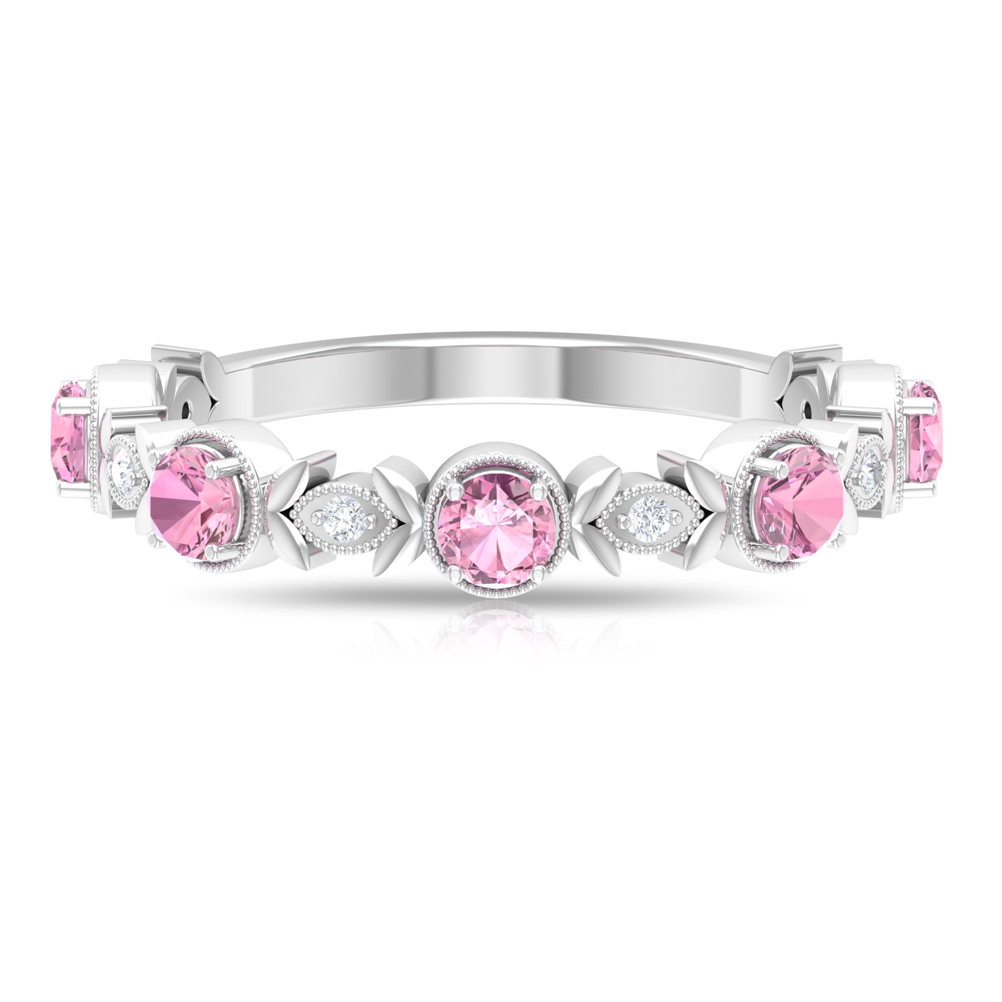 Pink Tourmaline and Diamond Half Eternity Ring, 925 Sterling Silver, US 4.00 B96061