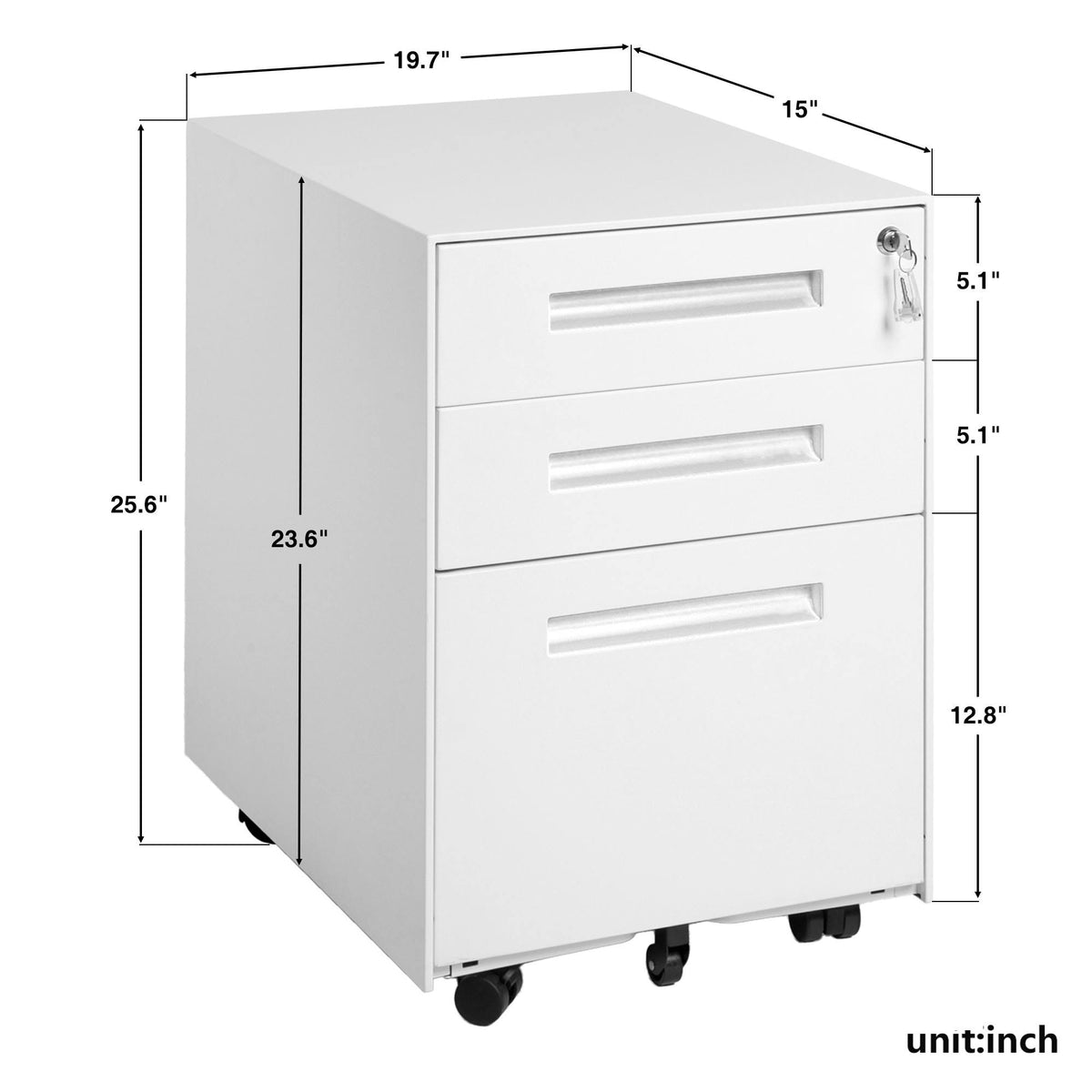 Black 3-Drawer Mobile File Cabinet with Lock and Keys R7353