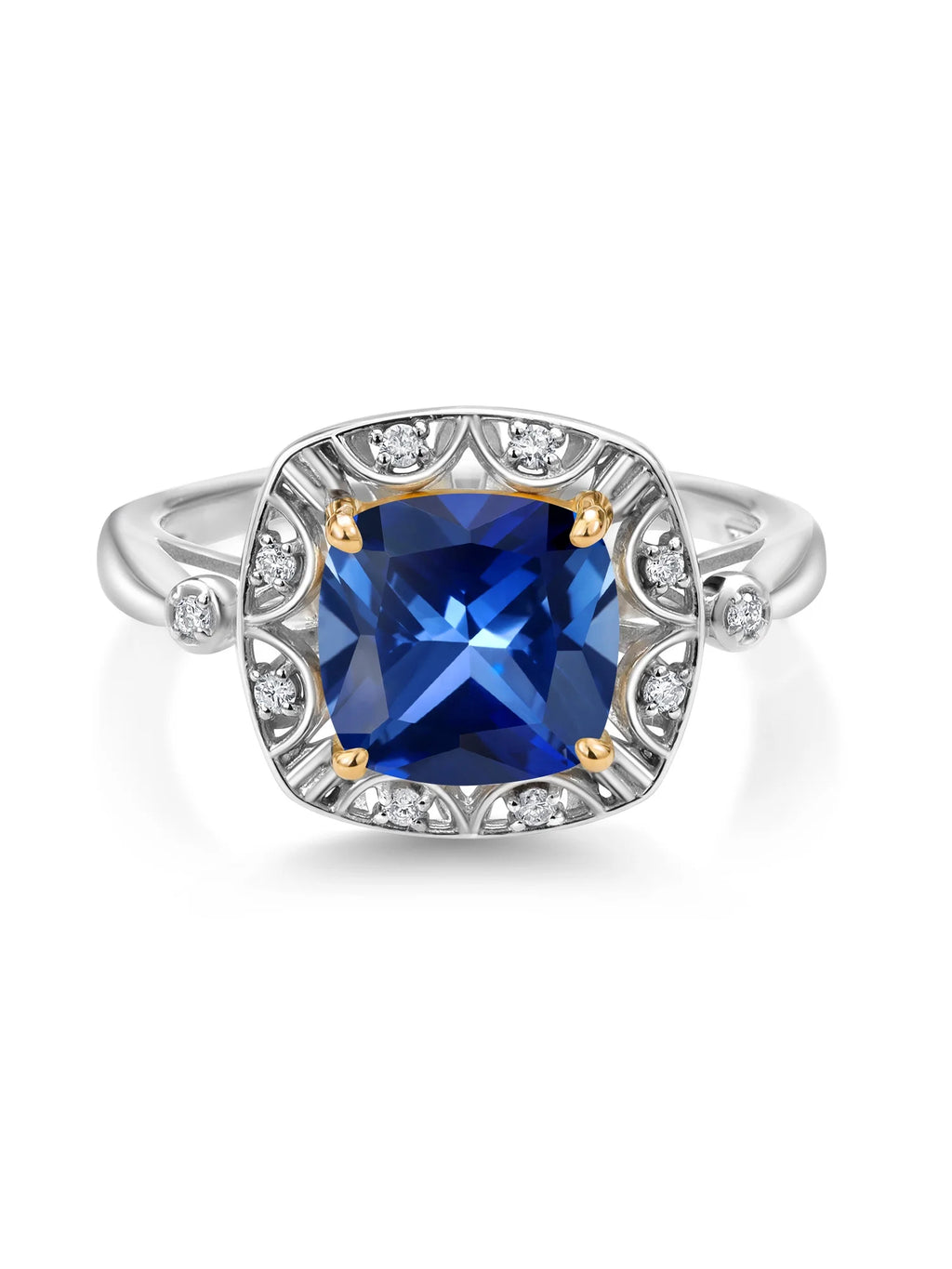 925 Sterling Silver 10k Yellow Gold Blue Created Sapphire White Lab Grown Diamond Engagement Ring H385896