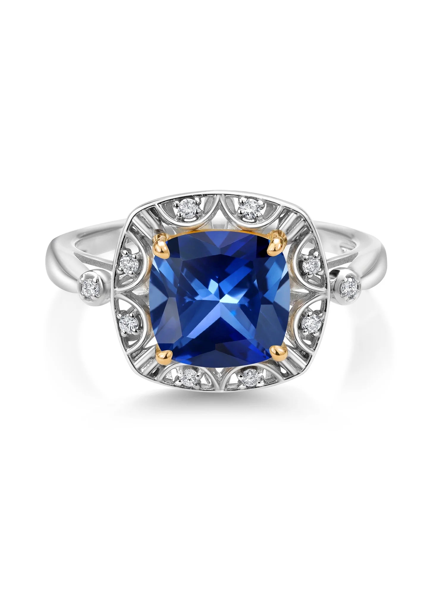925 Sterling Silver 10k Yellow Gold Blue Created Sapphire White Lab Grown Diamond Engagement Ring H385896