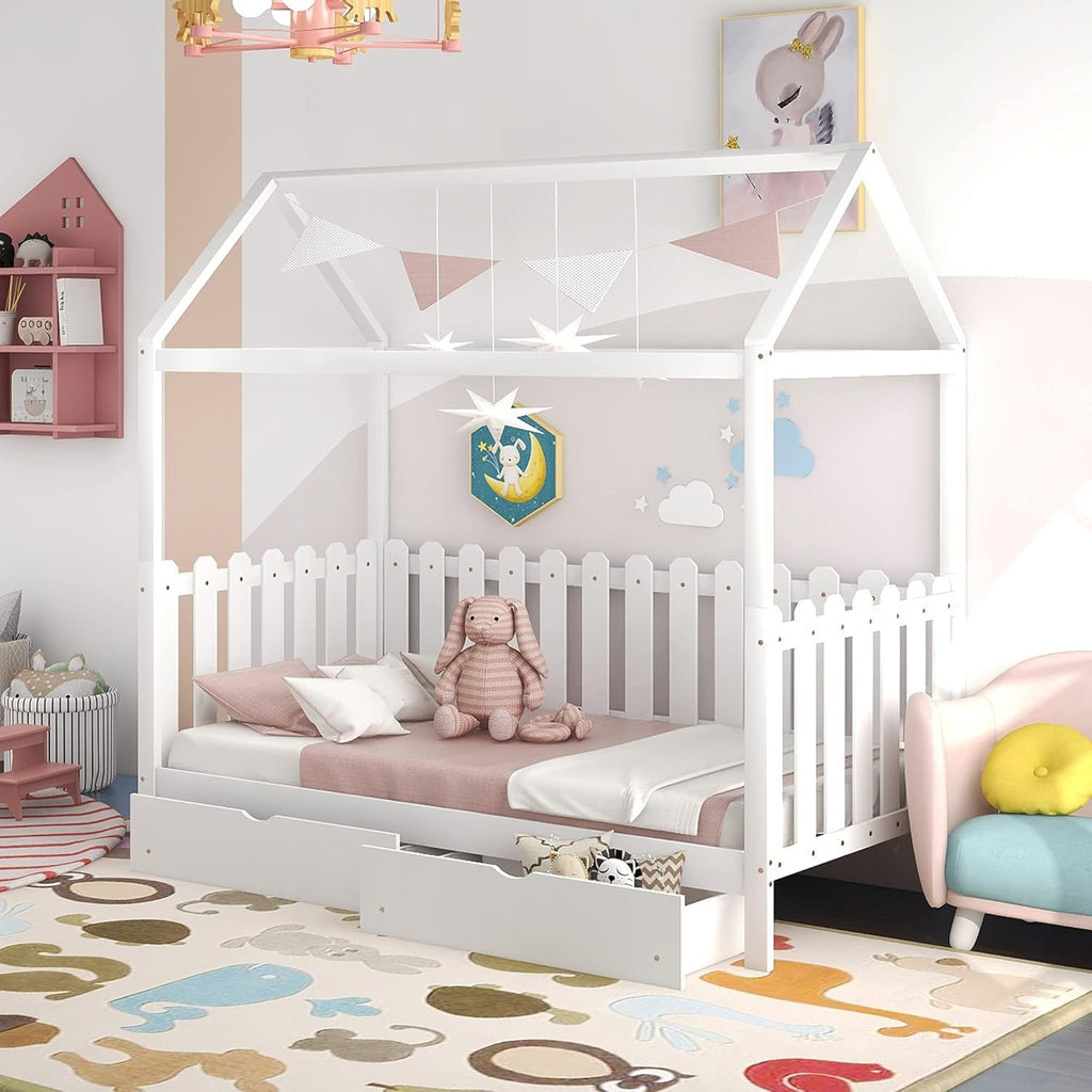 White Twin Wooden Bed Frame with Roof B2039
