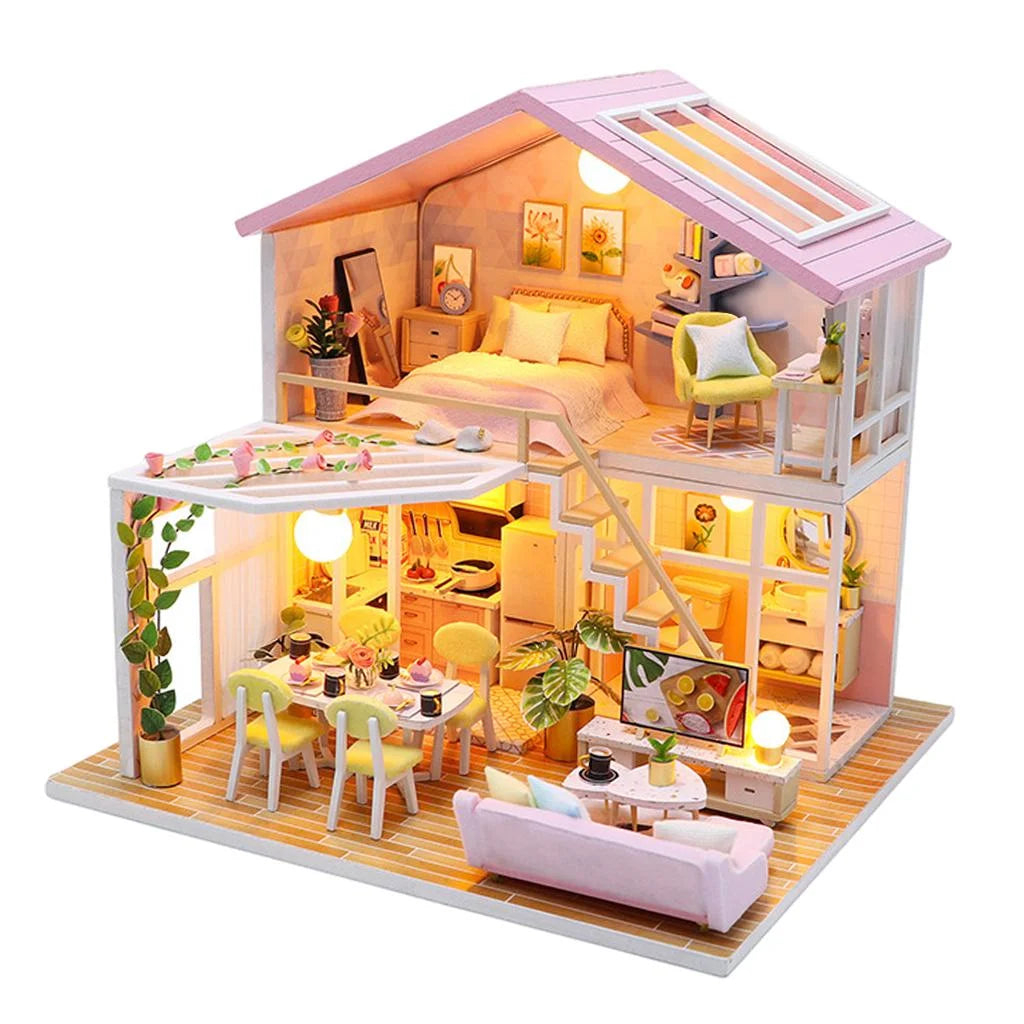 Wooden Doll House Building Puzzle with Furniture and LED Light K4953