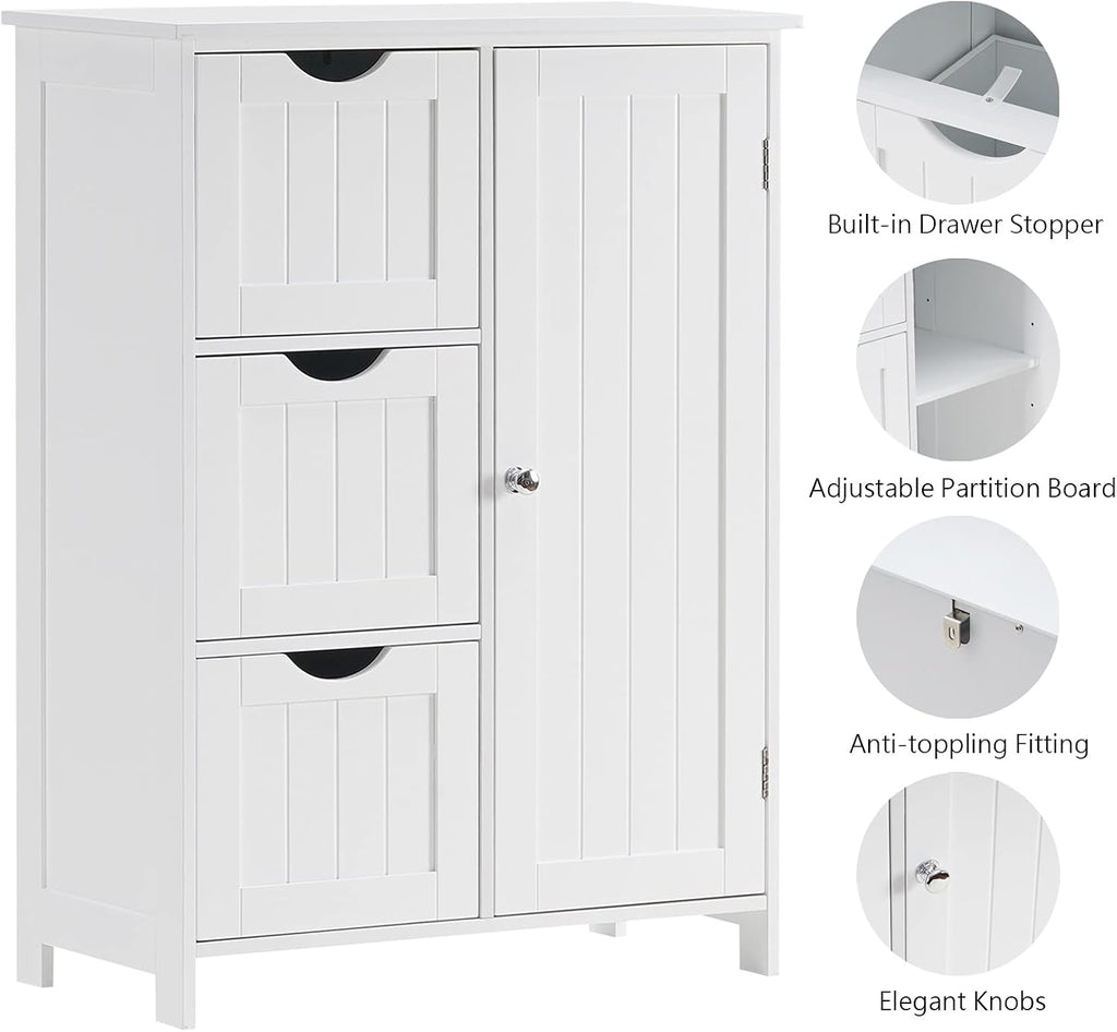 White Wooden Freestanding Bathroom Floor Cabinet with 1 Cupboard and 3 Drawers Y69844