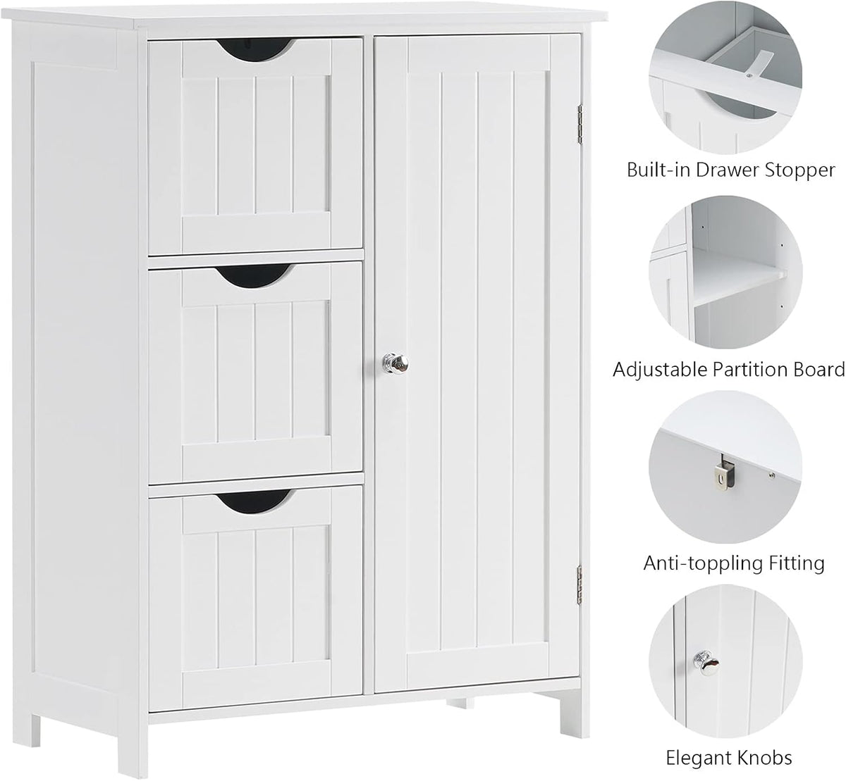 White Wooden Freestanding Bathroom Floor Cabinet with 1 Cupboard and 3 Drawers Y69844