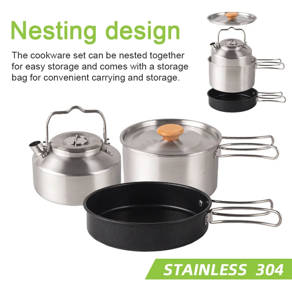 Stainless Steel Camping Cookware Set with Pot Frying Pan Kettle J3784