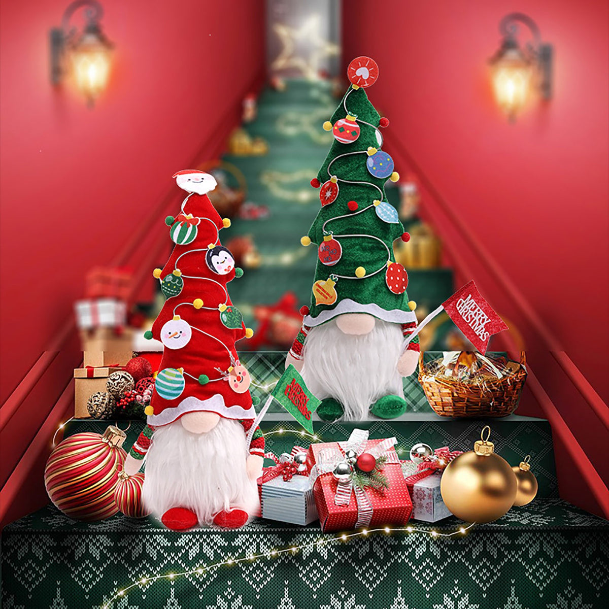 Luminous Faceless Doll Christmas Tree Hat Hair Doll Holding Flag Doll Children's Gift *1 Pair G90541