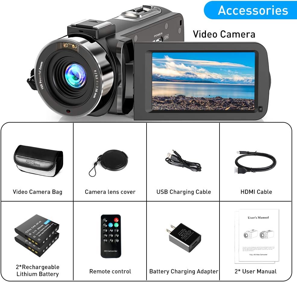 FHD 1080P 30FPS 36MP IR Night Vision Camcorder with Remote and 2 Batteries F388992