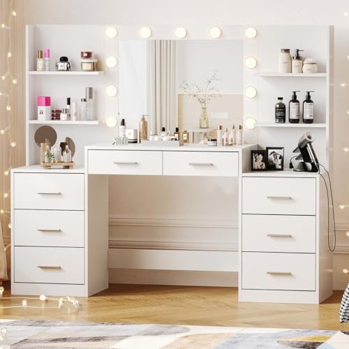 White Vanity Desk with Mirror & Lights, 8 Drawers H131