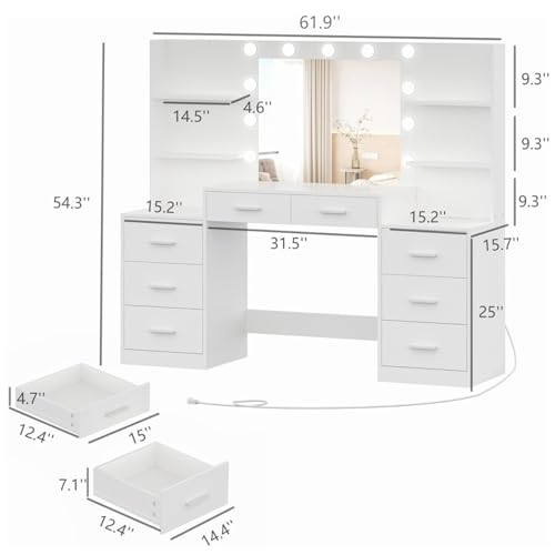 White Vanity Desk with Mirror & Lights, 8 Drawers H131