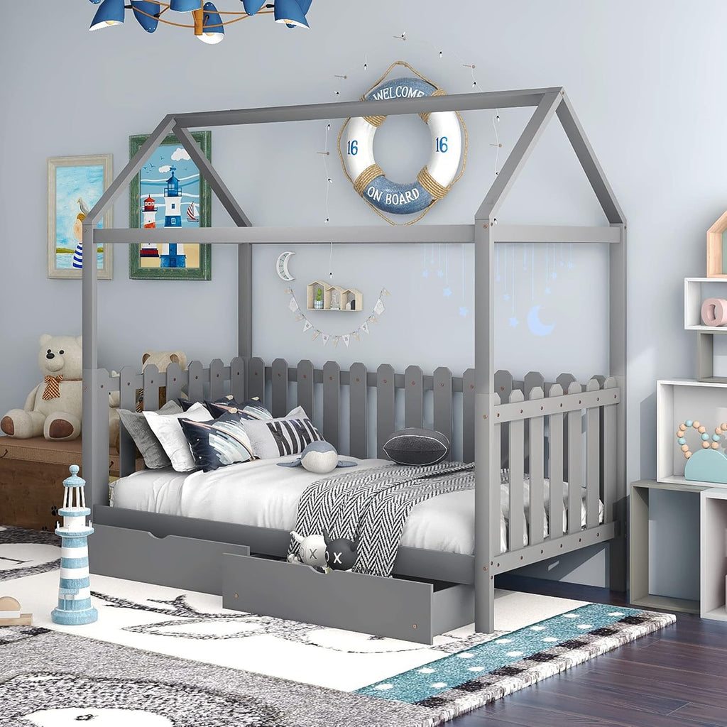 White Twin Wooden Bed Frame with Roof B2039