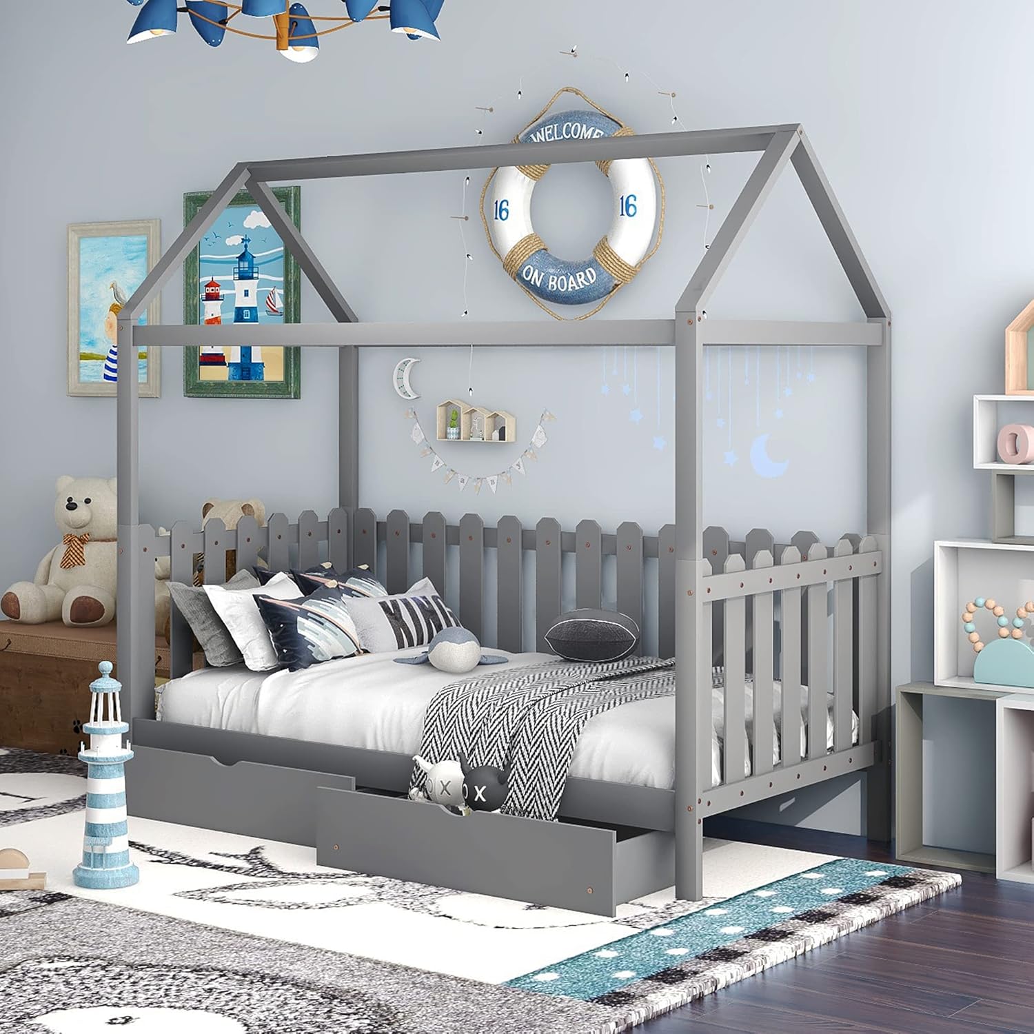 White Twin Wooden Bed Frame with Roof B2039
