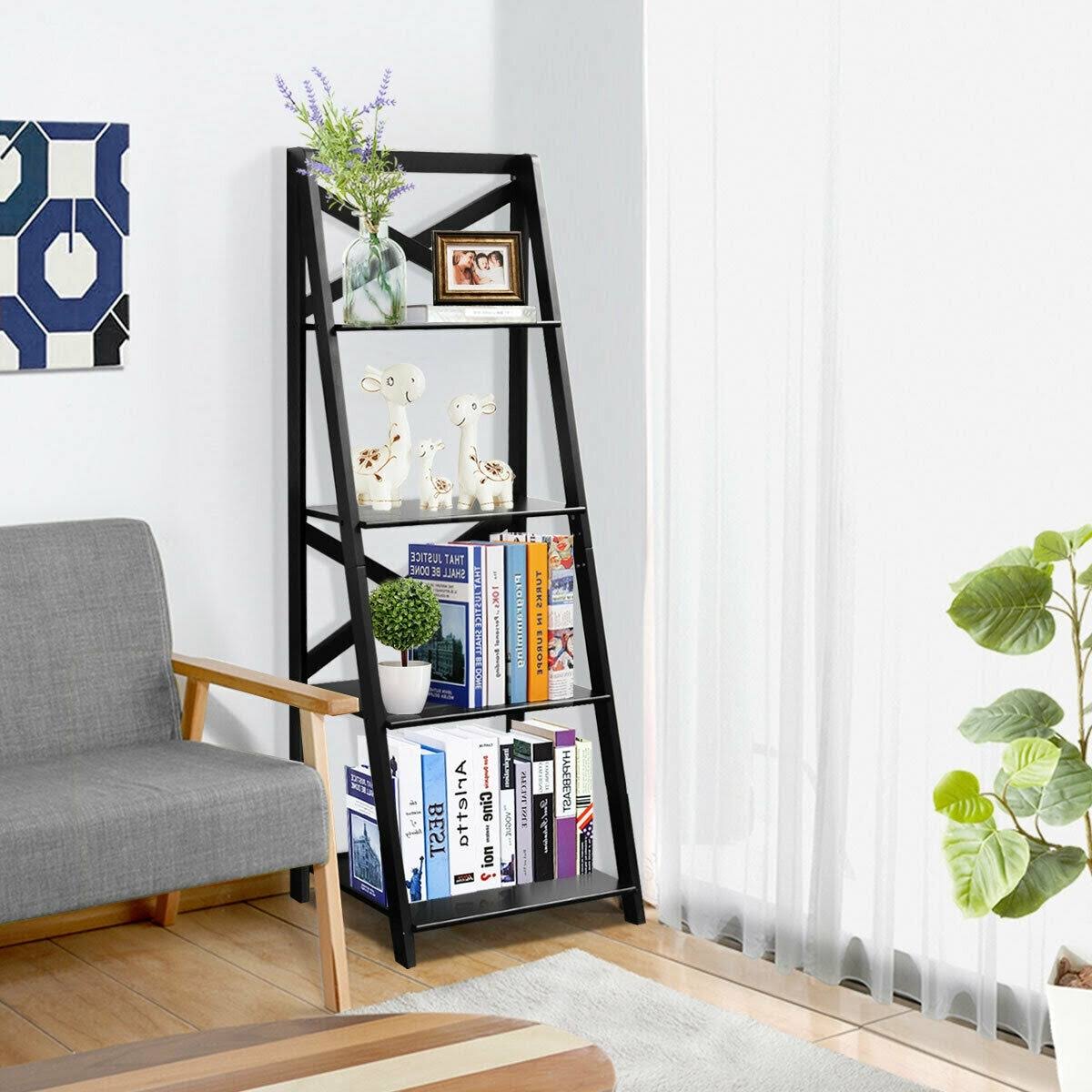 4-Tier Ladder Shelf Bookcase Storage Display - Black O6901