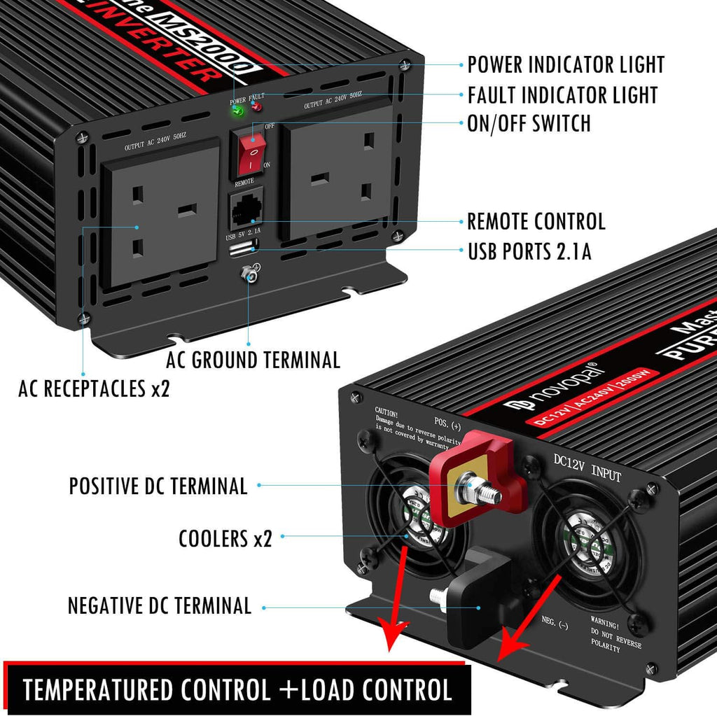 1500 Watt 12V DC to 110V AC Pure Sine Wave Power Inverter with 4 AC Outlets and Remote Control H7877