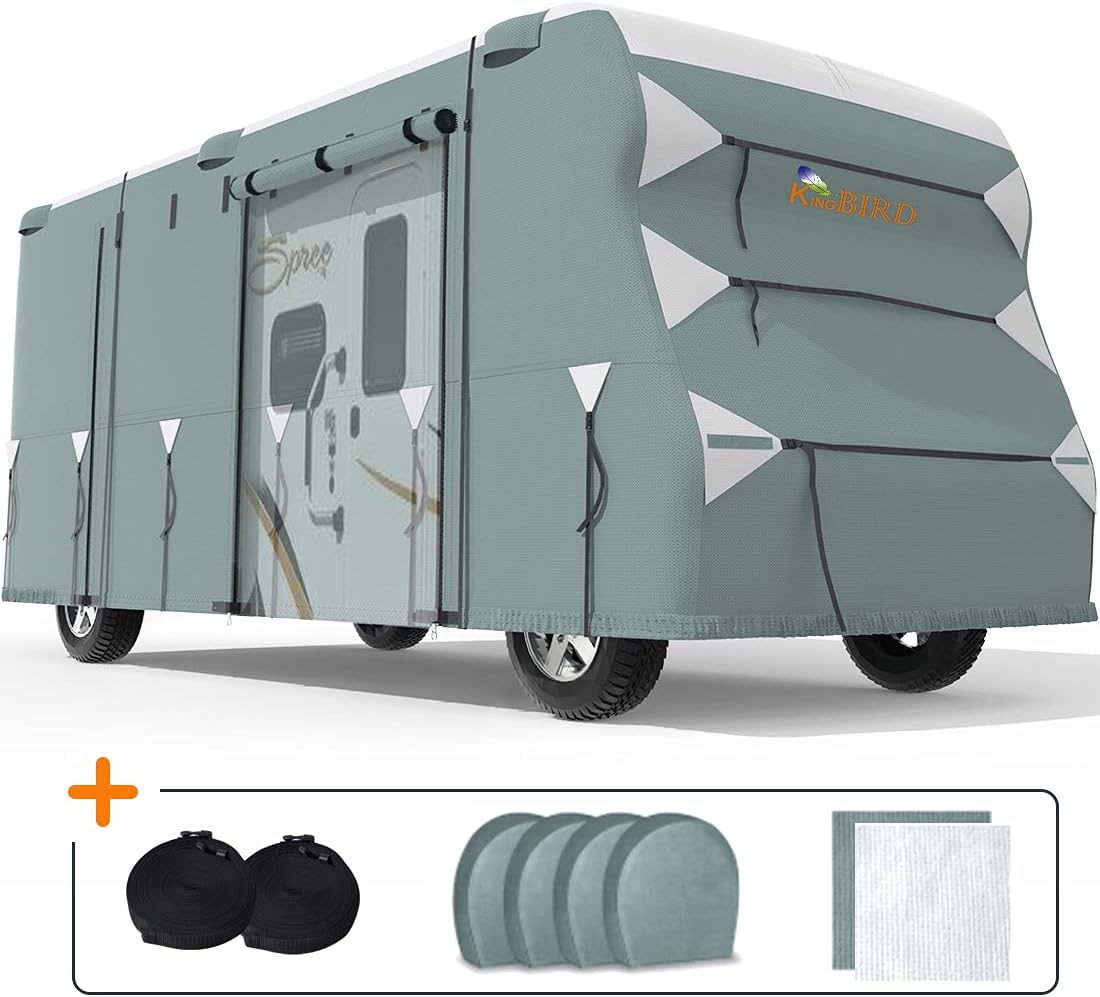 Extra-Thick 5 Layers Anti-UV RV Cover with 2Pcs Straps & 4 Tire Covers I298