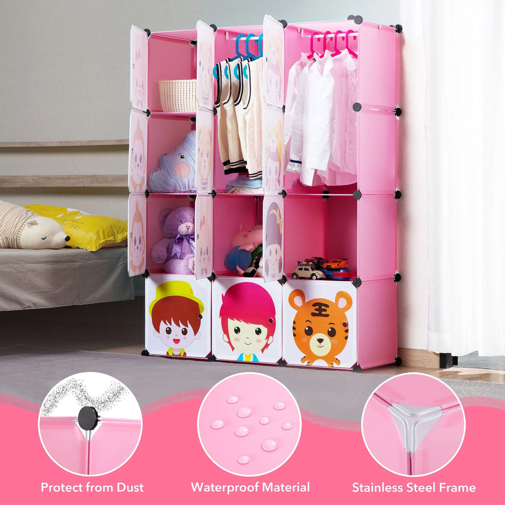 Pink Children's Portable Clothes Closet Rack with Storage Cubes Q835024