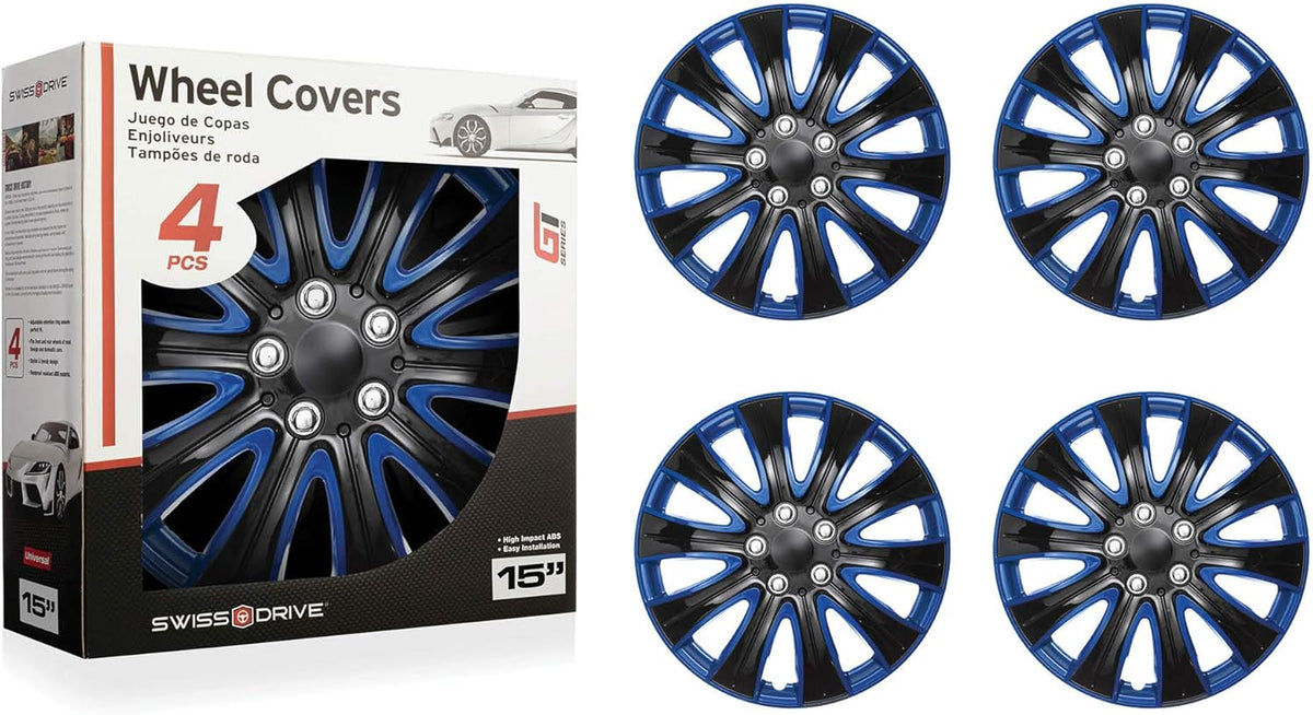 15 Inch Set of 4 Black and Blue Car Wheel Hubcaps Z230