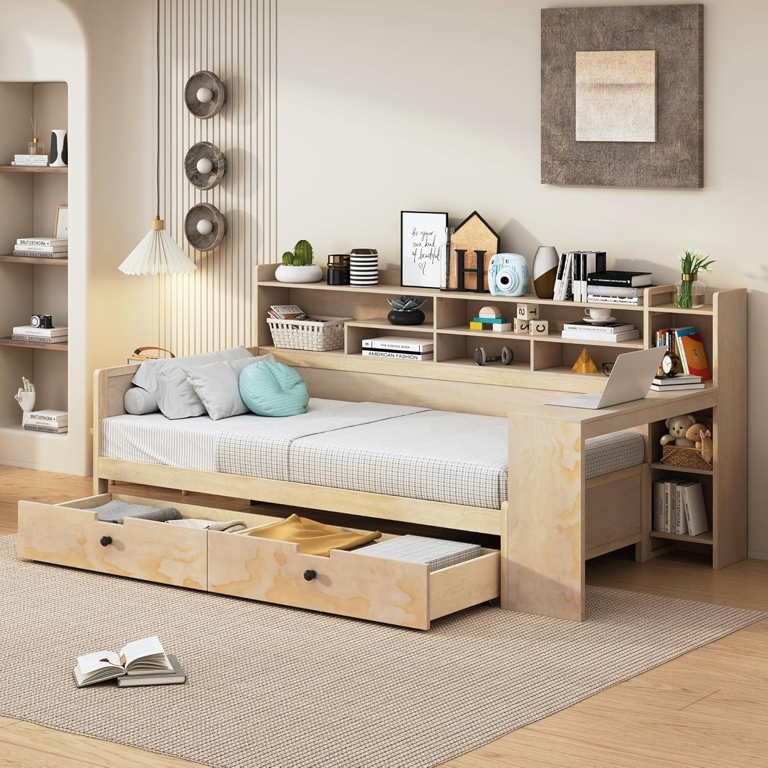 Twin Size Wooden Daybed with Storage Bookshelf, Study Desk and 2 Drawers P8481