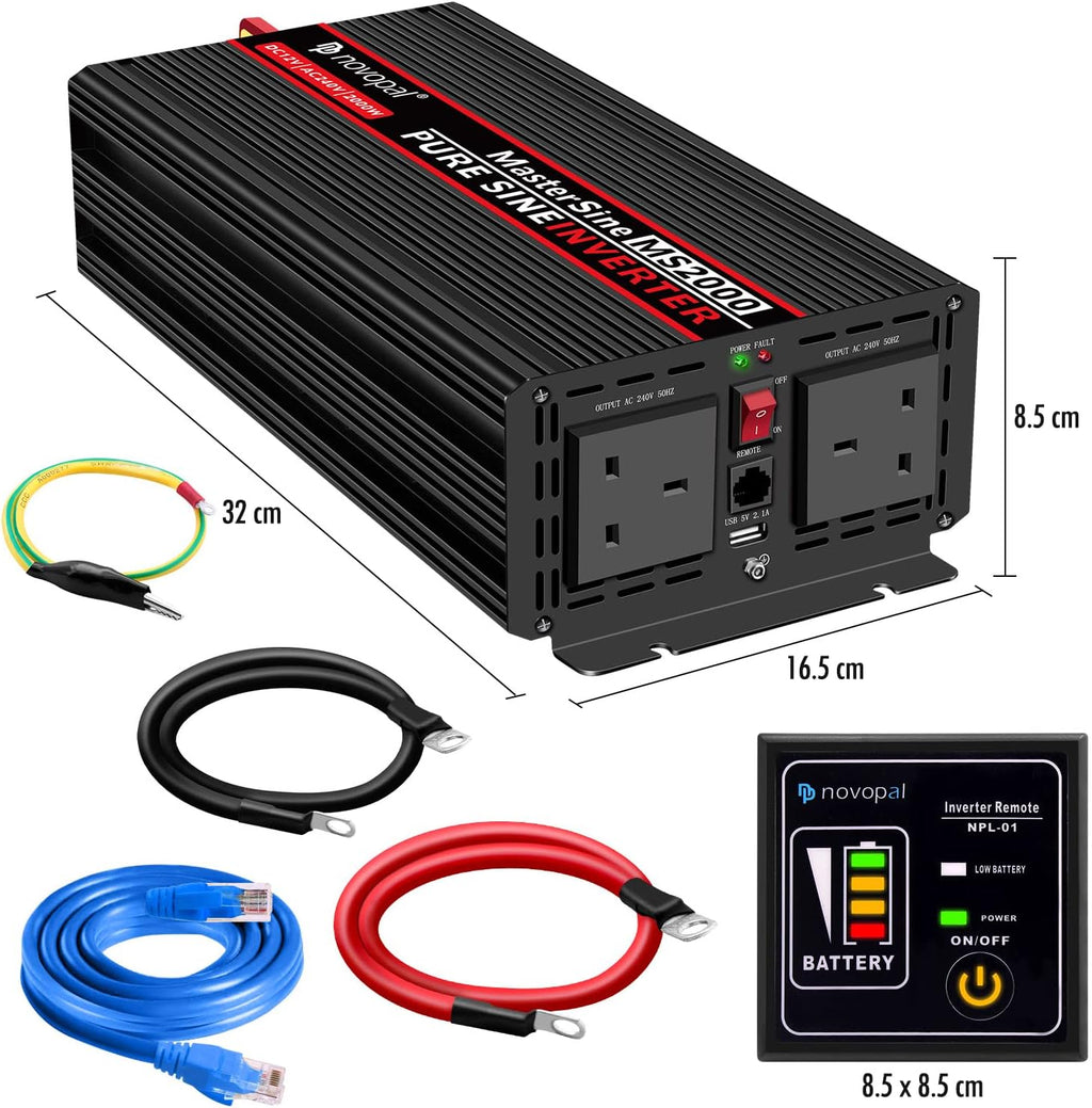 1500 Watt 12V DC to 110V AC Pure Sine Wave Power Inverter with 4 AC Outlets and Remote Control H7877
