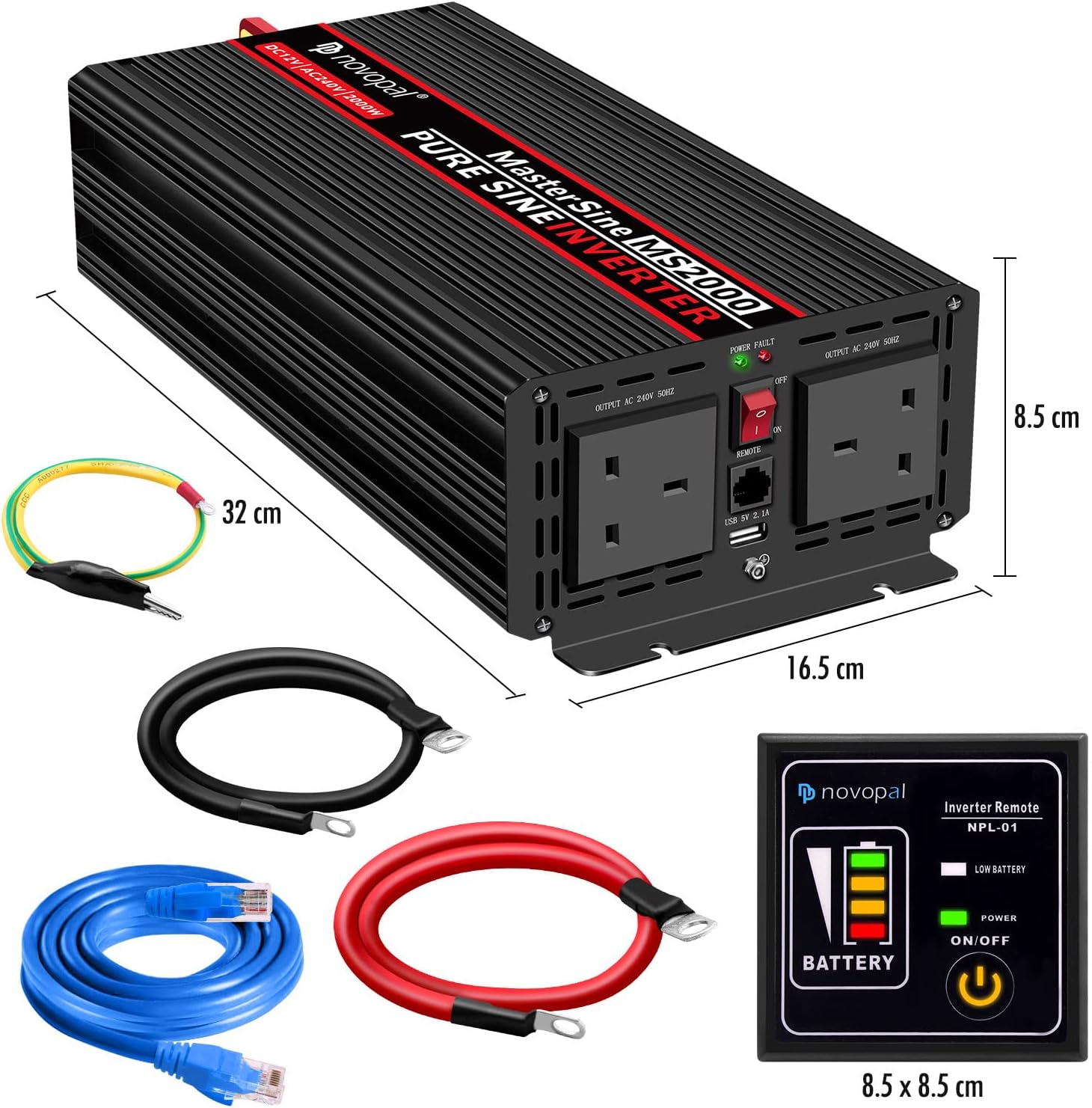 1500 Watt 12V DC to 110V AC Pure Sine Wave Power Inverter with 4 AC Outlets and Remote Control H7877