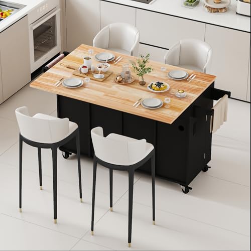 White Movable Kitchen Island with Drop Leaf and Power Outlet M6441