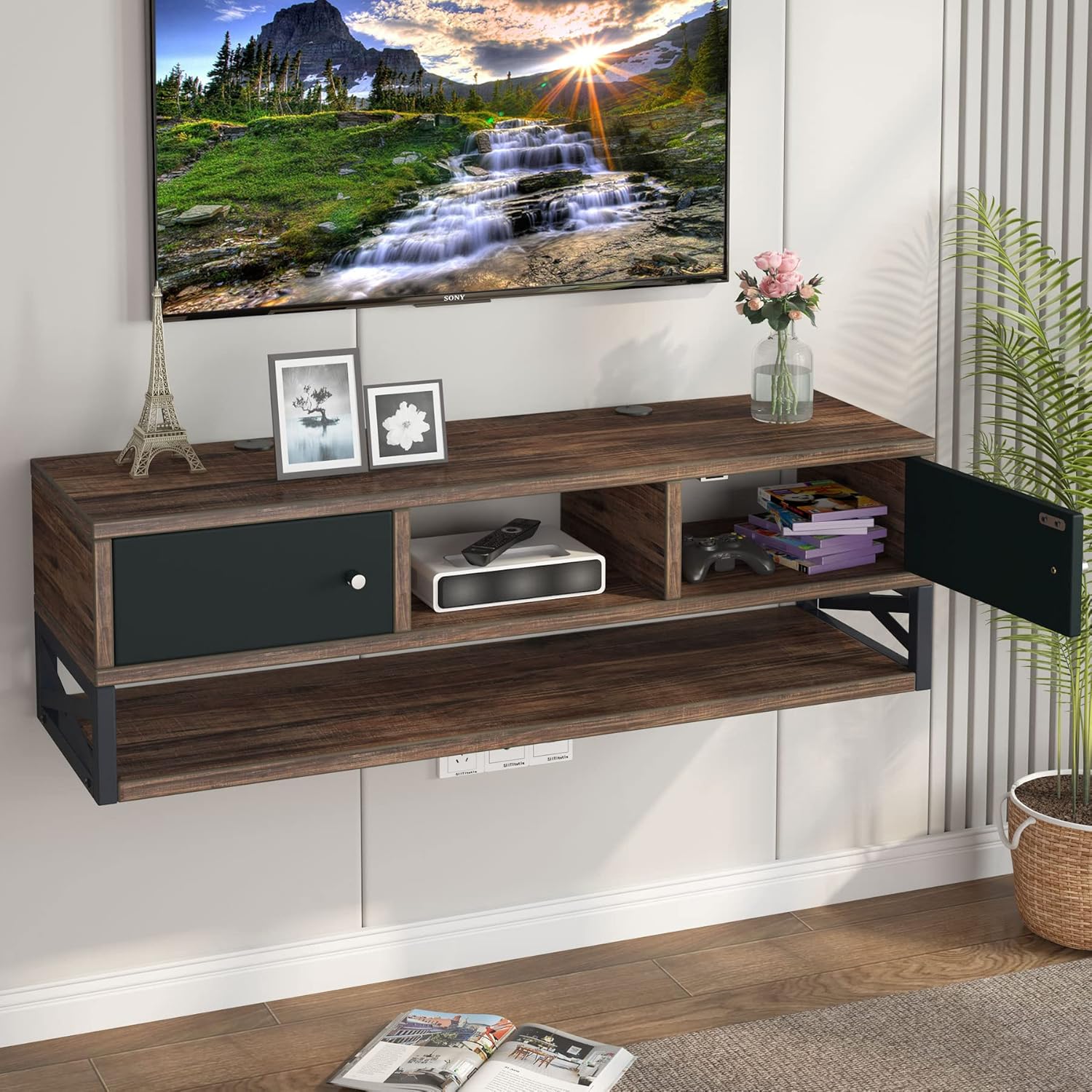 3-Tier Wall Mounted TV Stand with Magnetic Suction Doors C2909